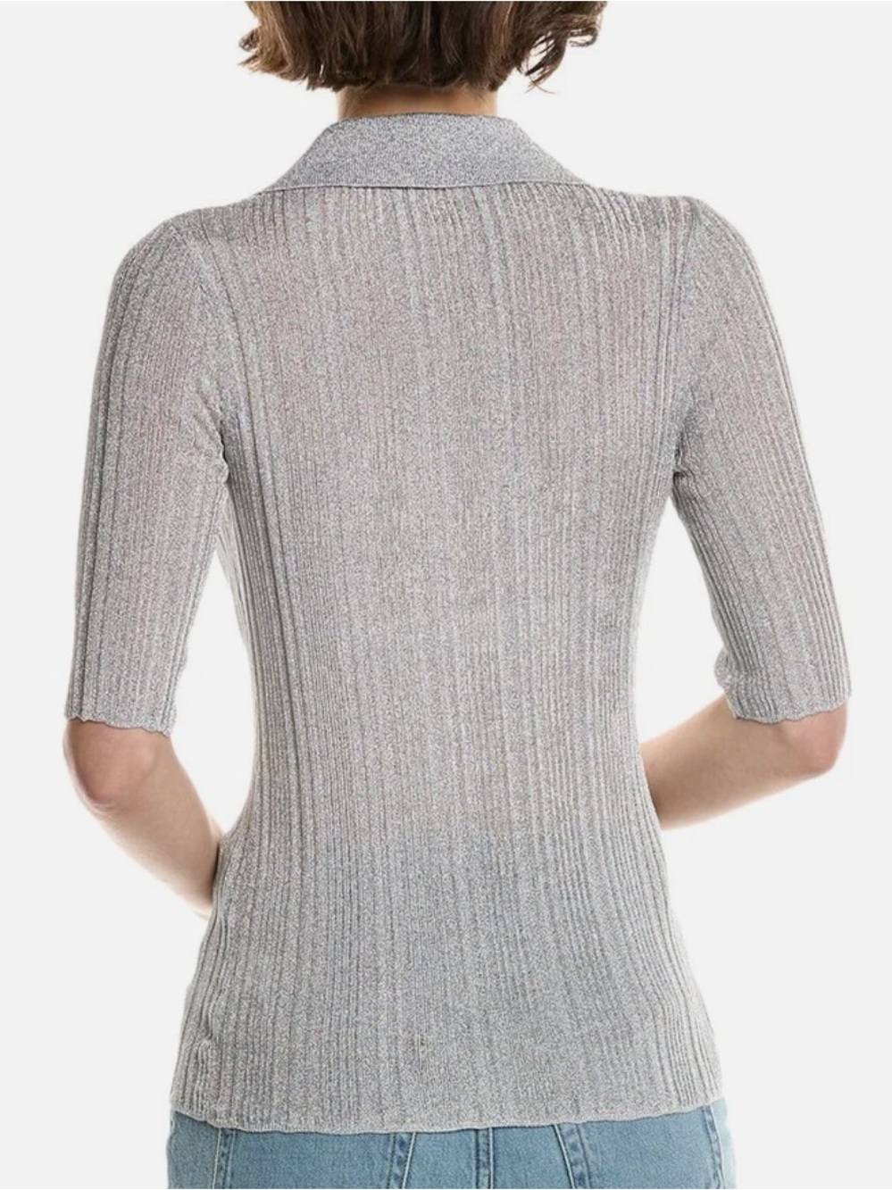 A.L.C. Joey Metallic Silver Ribbed V-Neck Polo Elbow Length Sleeves Top Sweater - Picture 2 of 9